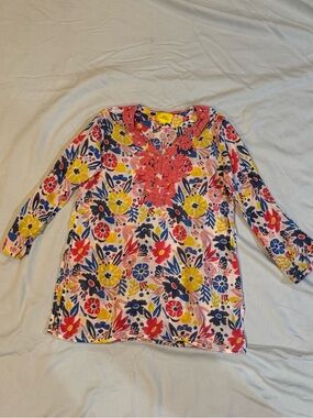 Roller Rabbit Girls Pink Floral Long Sleeve Tunic with Coral Embroidery